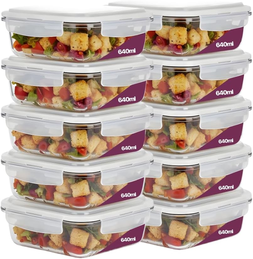 Kit 10 Potes De Vidro Borossilicato Retangular Marmita Com Tampa Hermética 640ml Resistente Premium